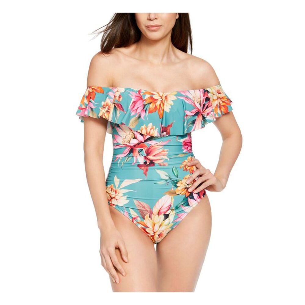LA BLANCA Women's Green Ruffled Garden Social One Piece Swimsuit 4